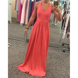 Vera Wang Coral Halter Gown V-Neck Bow Back Slit Skirt Satin Formal Dress Size 2